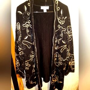 EUC Lauren Michelle Stunning Black and Gold Embroidered Open Cardigan/Kimono 2XL